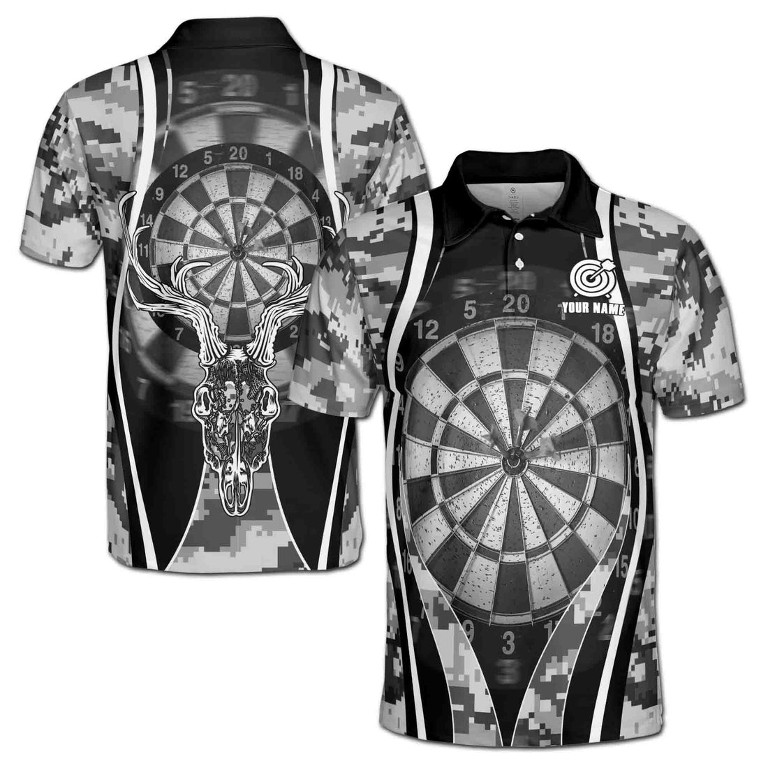 Custom Name Grunge Gray Pixel Pattern Darts And Deer Polo Men's Polo Shirt S-5XL
