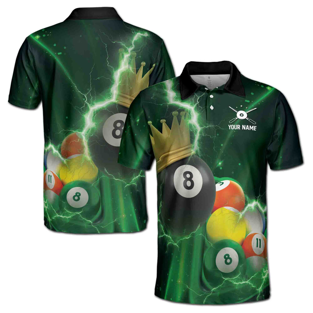 Custom Name Green Lightning The 8 Balls Billiards King Men's Polo Shirt S-5XL