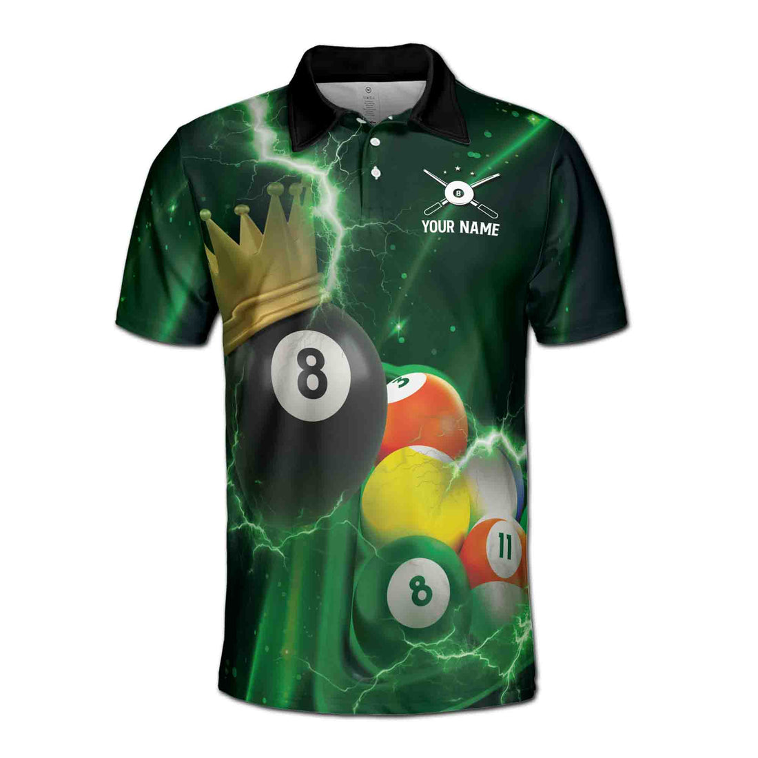 Custom Name Green Lightning The 8 Balls Billiards King Men's Polo Shirt S-5XL
