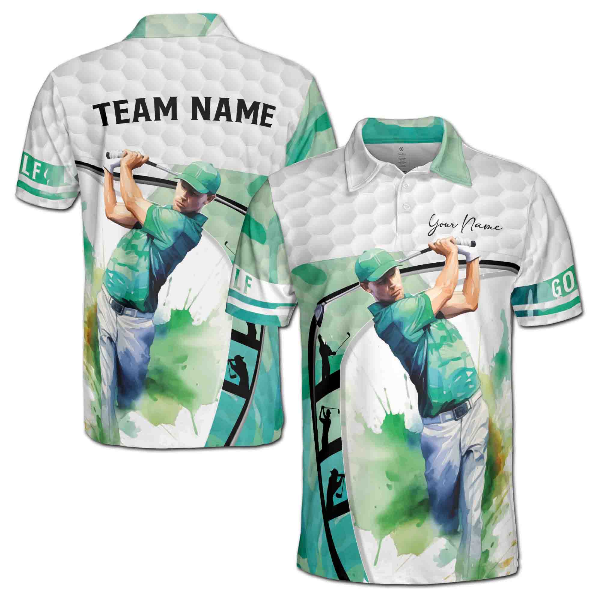 Personalized Green Watercolor Man Golfer Team Men's Polo Shirt S-5XL