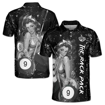 Customize Name Billiard Retro Girl Playing Pool Men's Polo Shirt S-5XL