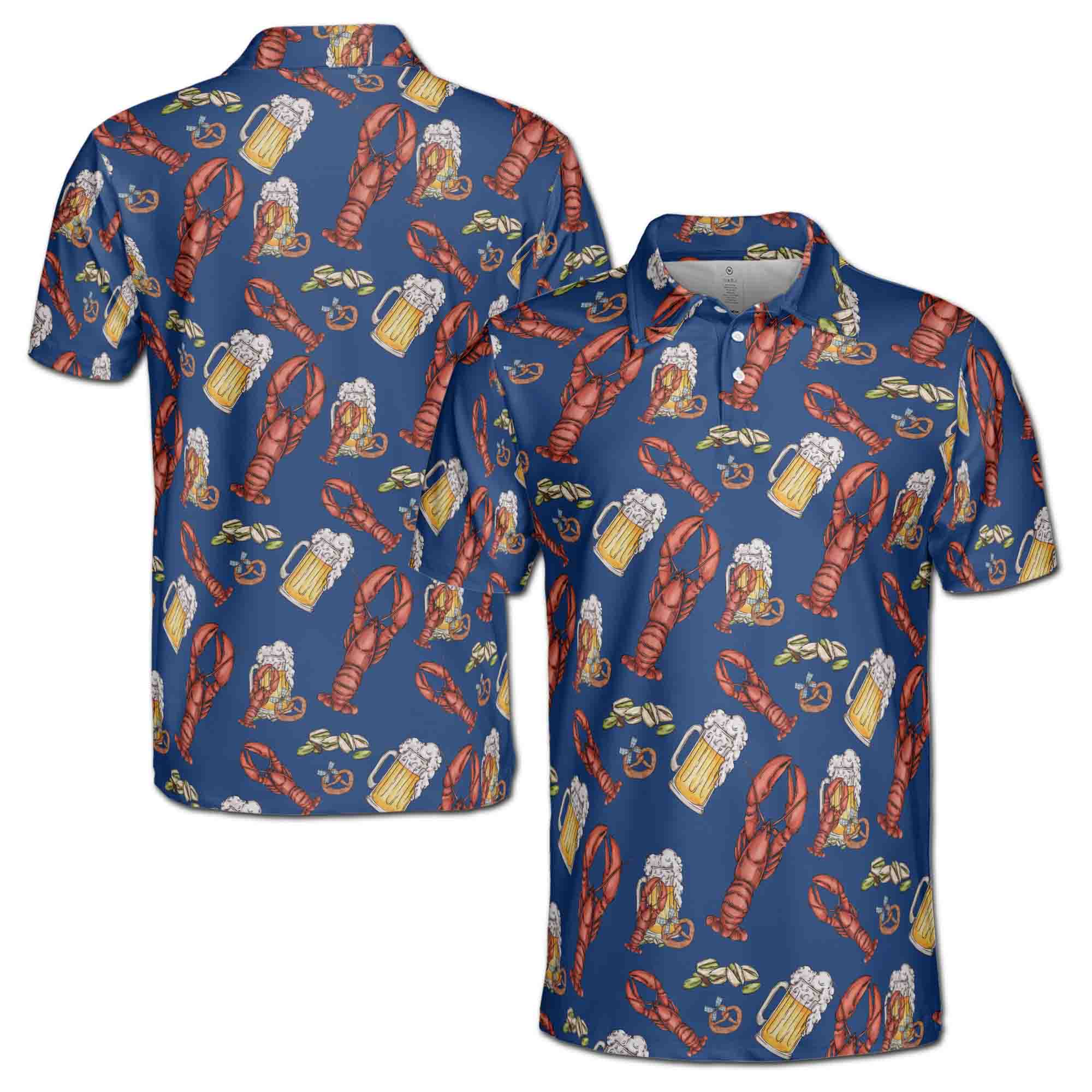 Funny Blue Navy Beer Lobster and Pistachio Golf Men's Polo Shirt S-5XL