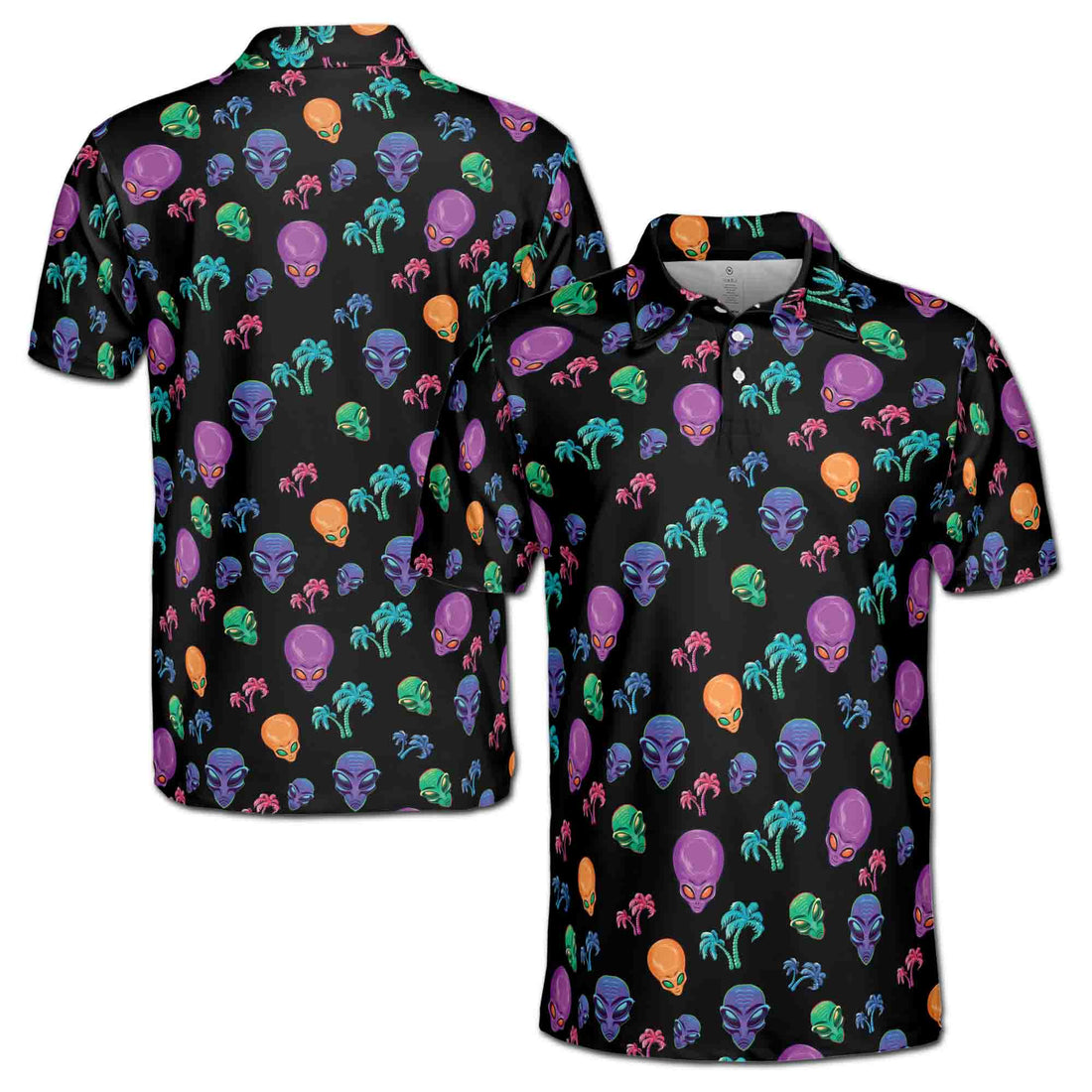 Funny Neon Alien and Palm Tree Tropical Golf Men's Polo Shirt S-5XL
