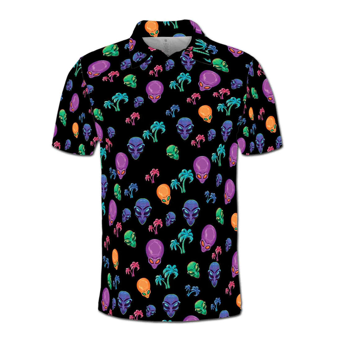 Funny Neon Alien and Palm Tree Tropical Golf Men's Polo Shirt S-5XL