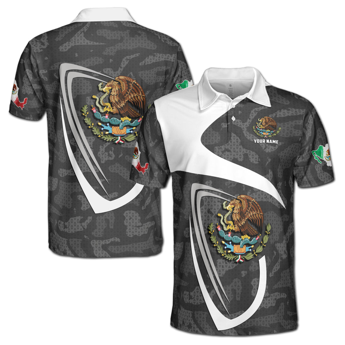 Custom Name Gray Mexico Coat Of Arms Eagle Mexico National Pride Men's Polo Shirt S-5XL