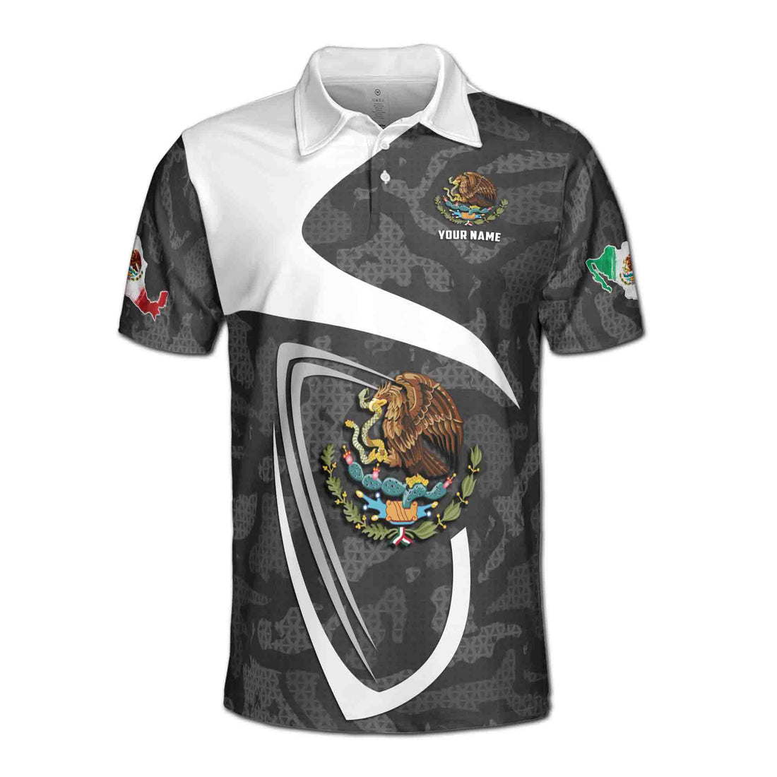 Custom Name Gray Mexico Coat Of Arms Eagle Mexico National Pride Men's Polo Shirt S-5XL