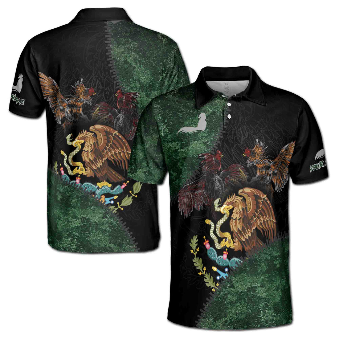Rooster Mexican Eagle Mexico Coat of Arms National Pride Men's Polo Shirt S-5XL