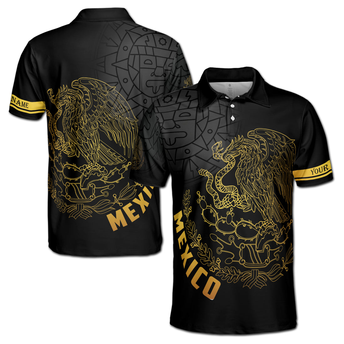 Custom Name Mexico Tribal Aztec Eagle Coat of Arms National Pride Men's Polo shirt S-5XL