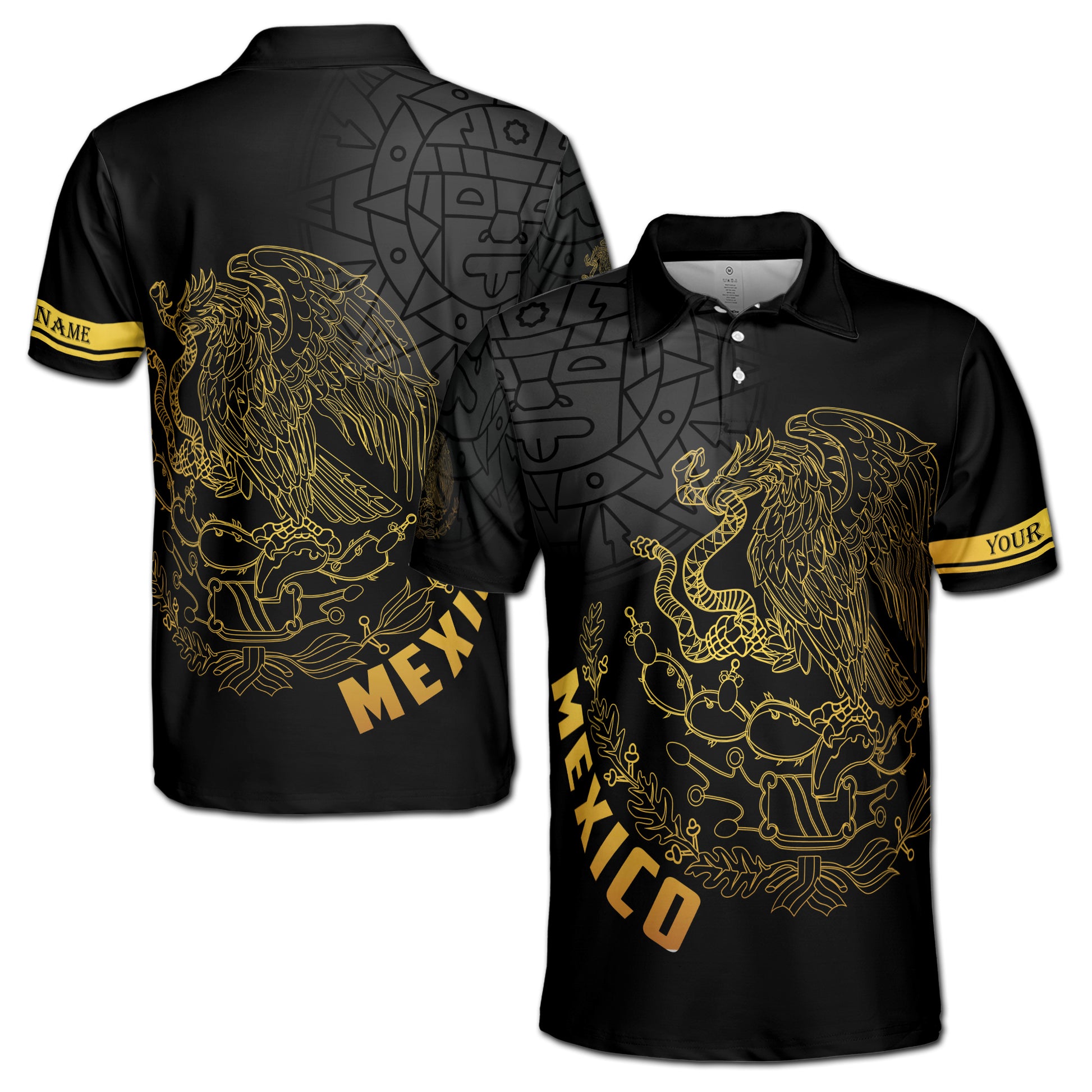 Custom Name Mexico Tribal Aztec Eagle Coat of Arms National Pride Men's Polo shirt S-5XL