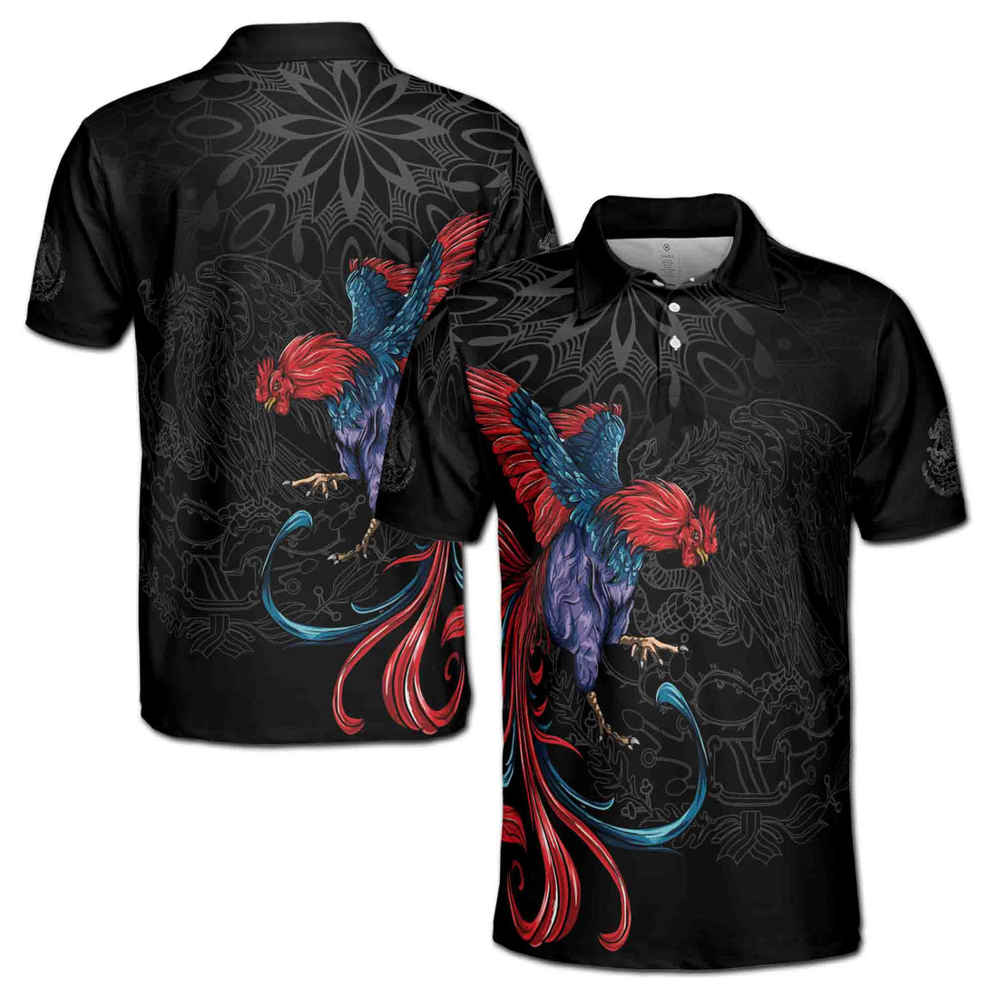 Rooster Graphic Chicken Mexican Aztec Black National Pride Eagle Men's Polo Shirt S-5XL