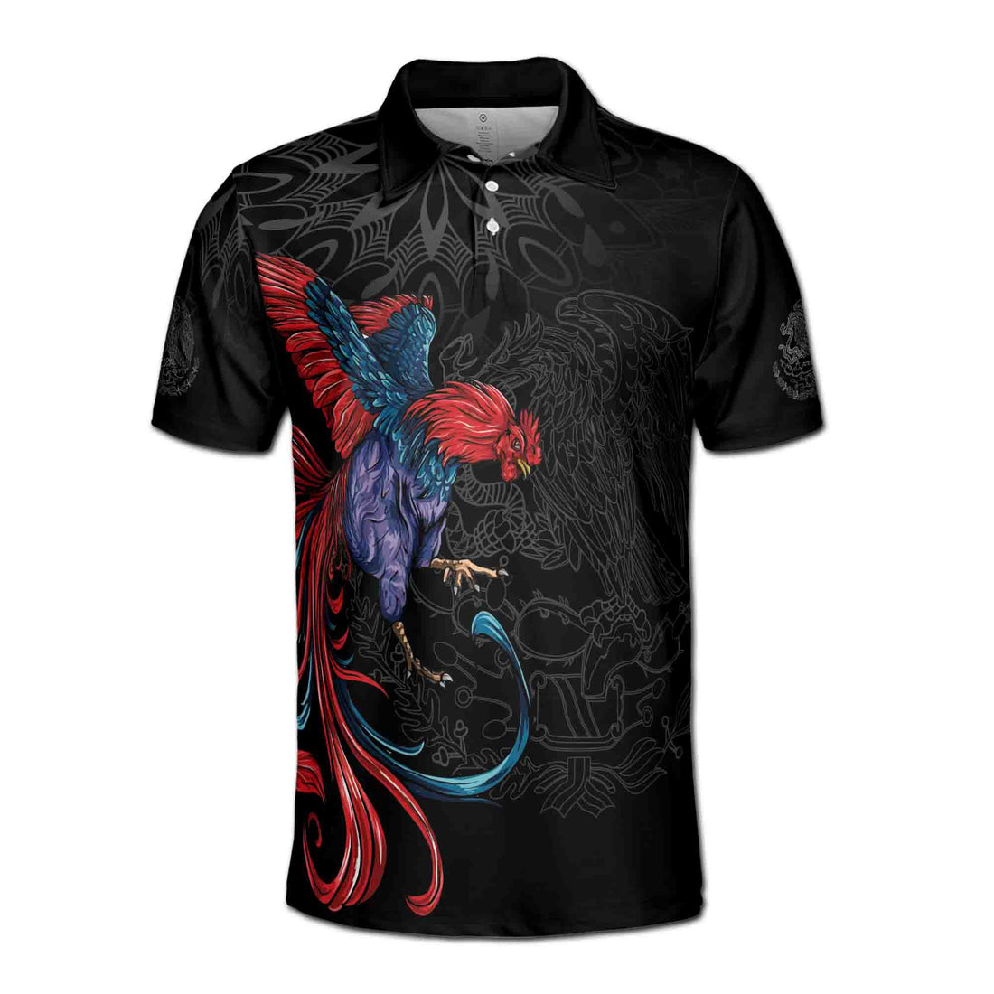 Rooster Graphic Chicken Mexican Aztec Black National Pride Eagle Men's Polo Shirt S-5XL