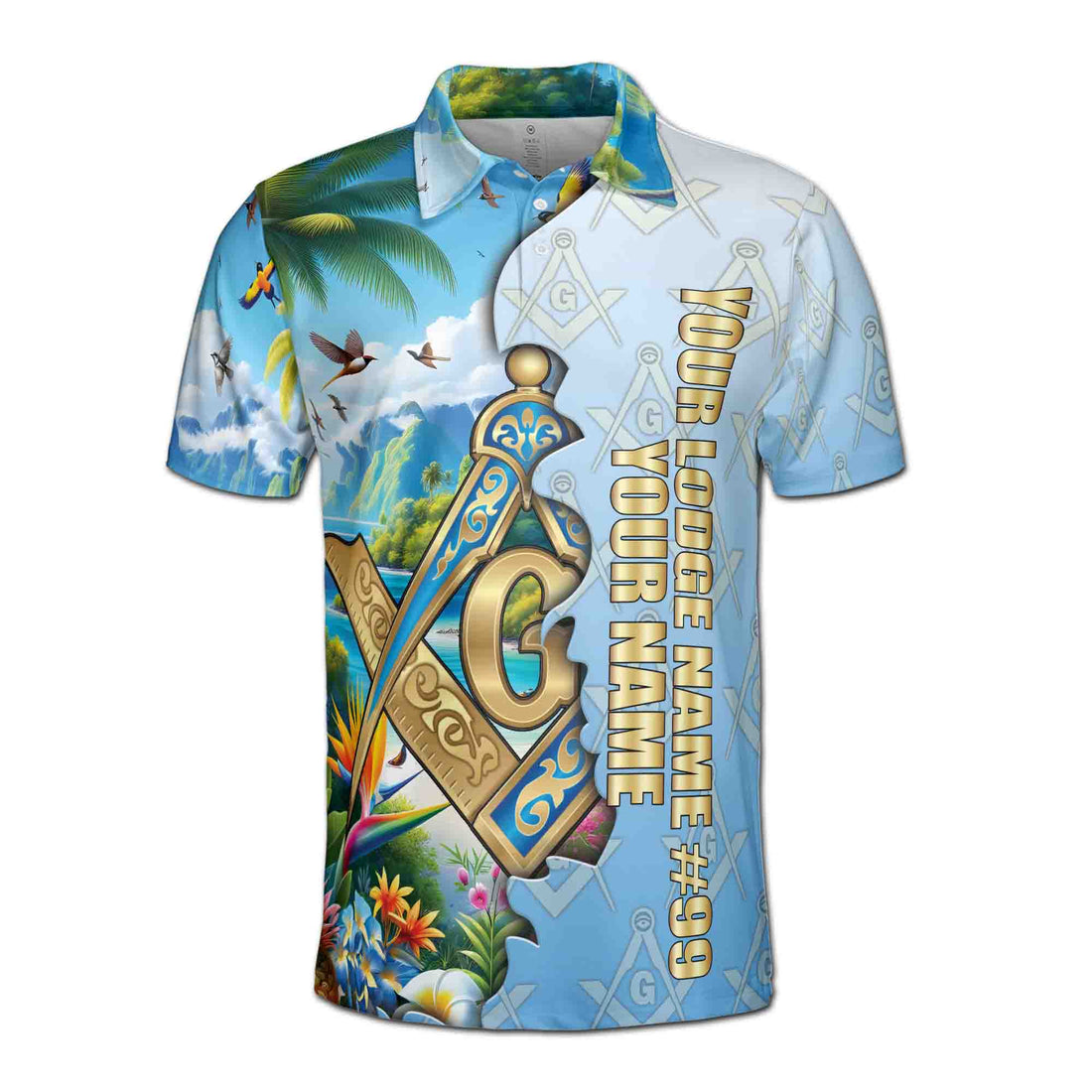 Custom Masonic Freemasonry Blue Tropical Nature Men's Polo Shirt S-5XL