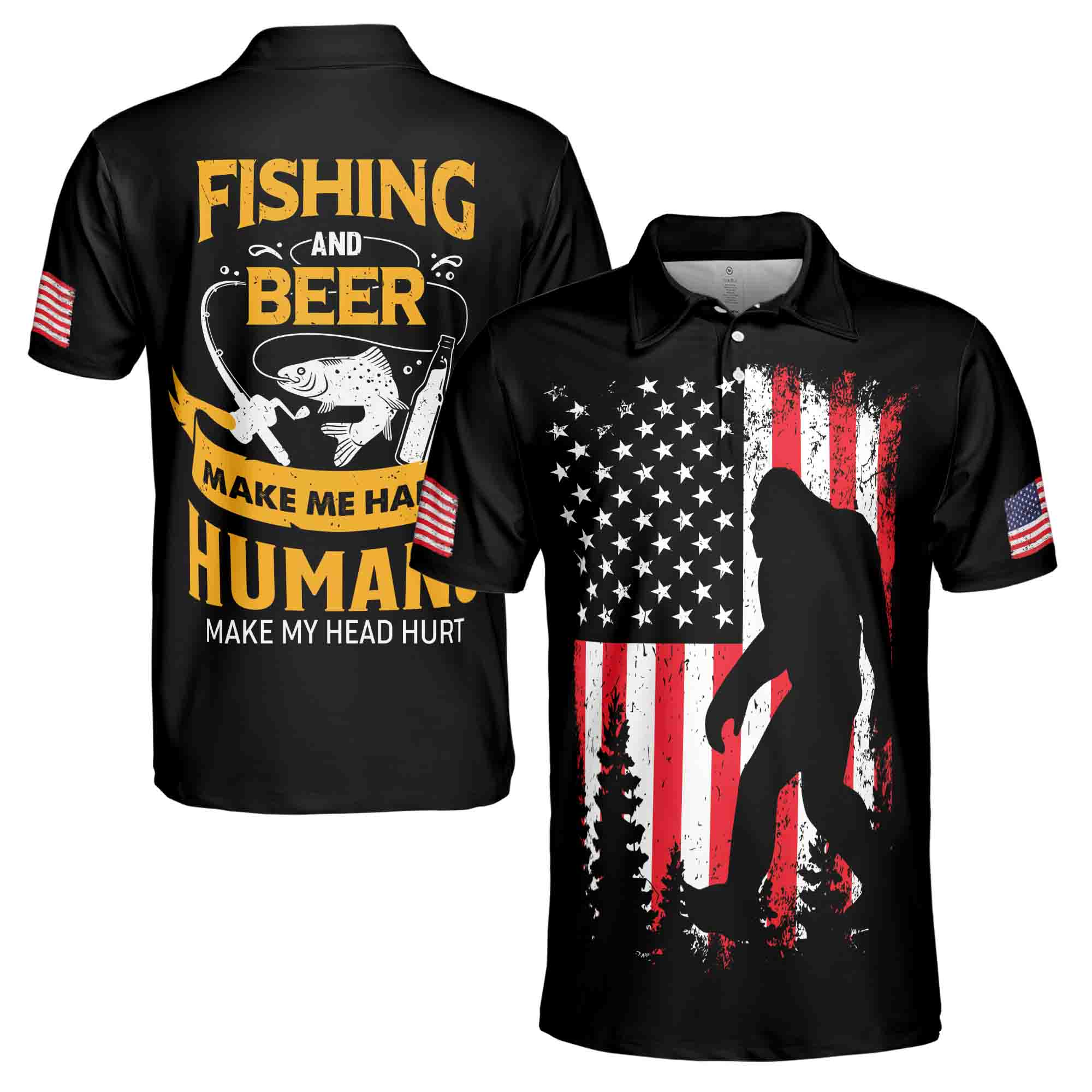 Fishing And Beer Make Me Happy Bigfoot Fishing Men's Polo Shirt S-5XL