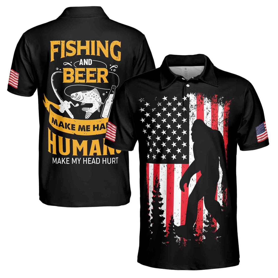 Fishing And Beer Make Me Happy Bigfoot Fishing Men's Polo Shirt S-5XL