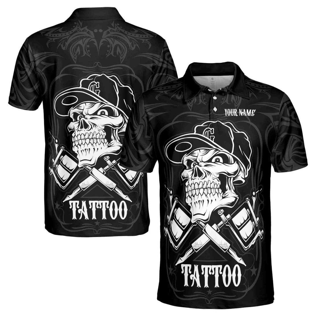 Custom Name Proud To Be A Tattoo Artist Skull Men's Polo Shirt S-5XL