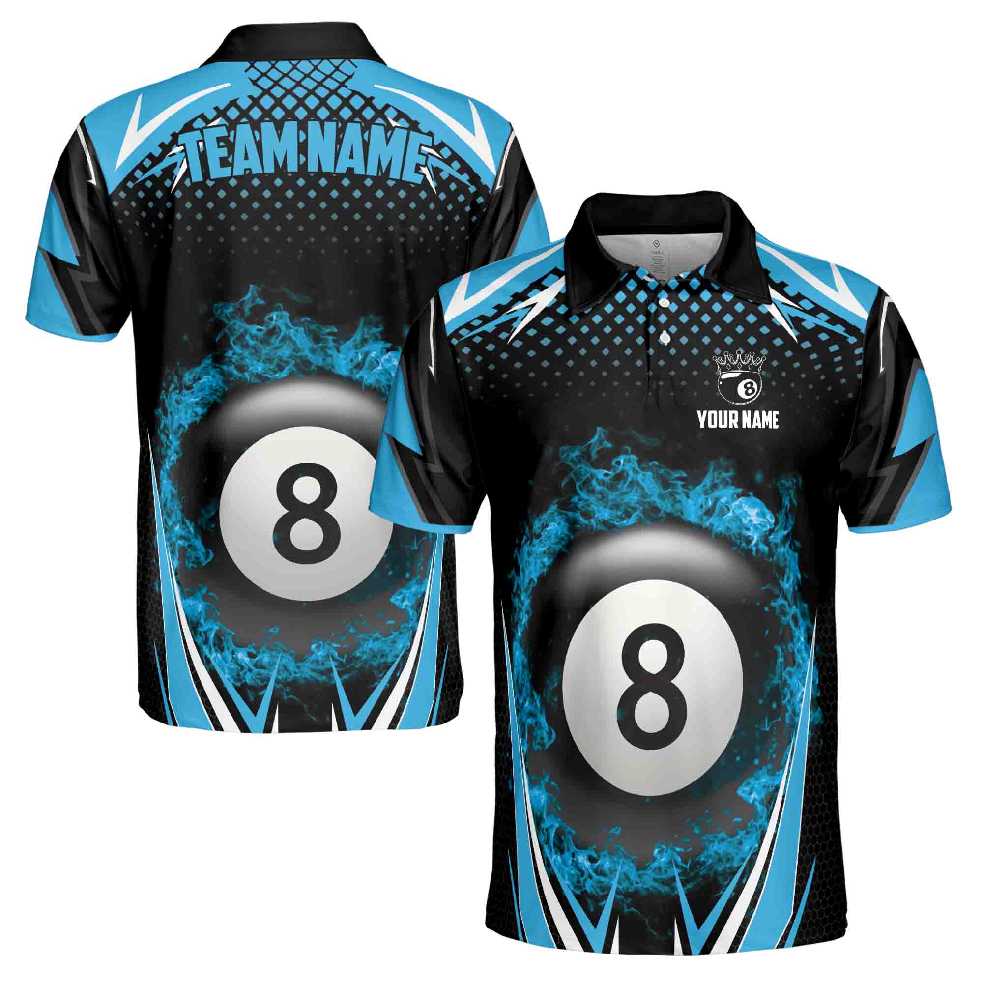 Personalized Blue Billiard Team 8 Balls On Fire Men's Polo Shirt S-5XL