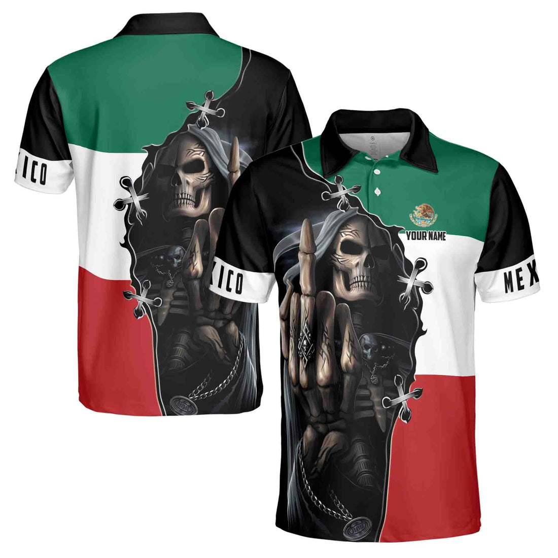 Custom Name Mexico Skull Reaper Mexico Flag National Pride Men's Polo Shirt S-5XL