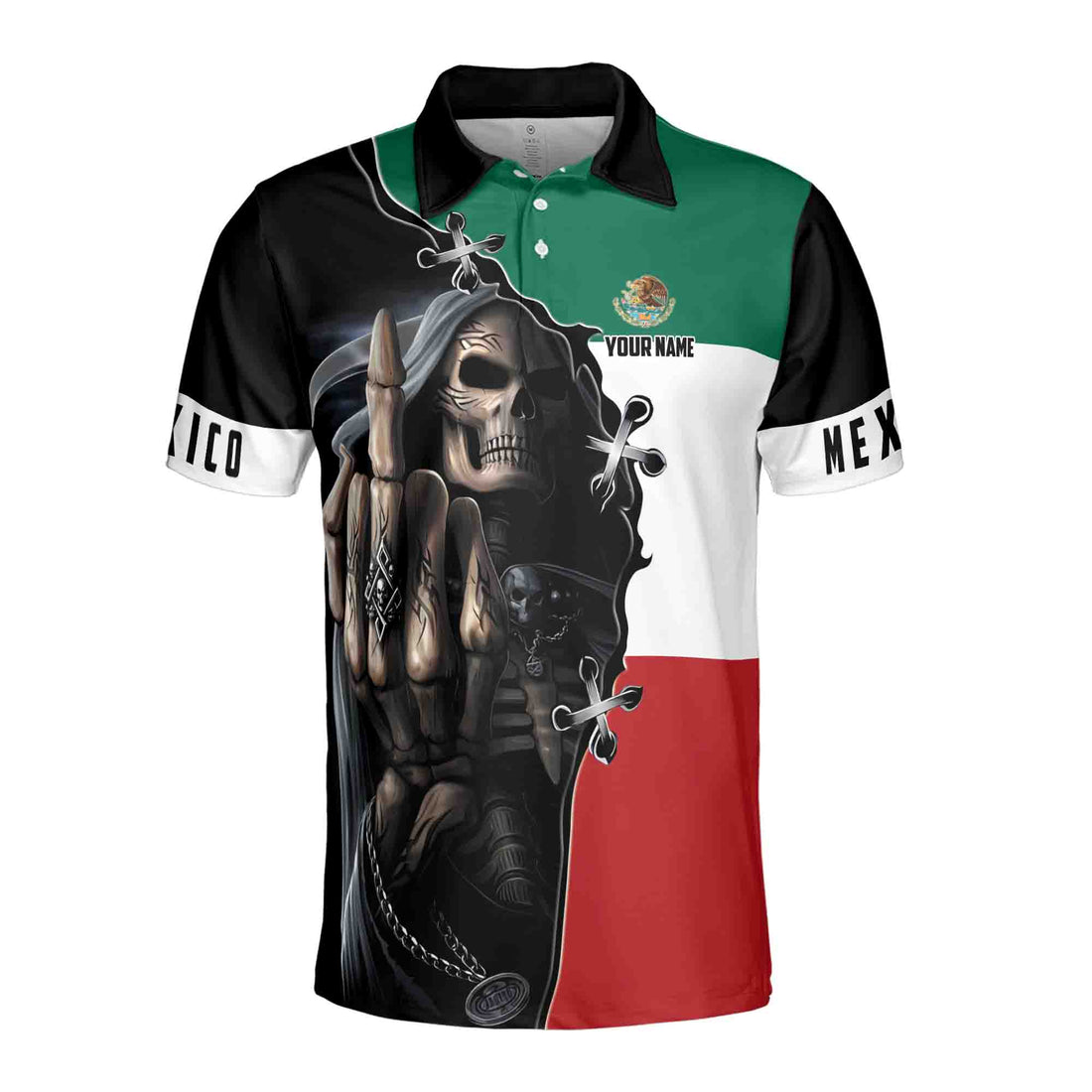 Custom Name Mexico Skull Reaper Mexico Flag National Pride Men's Polo Shirt S-5XL