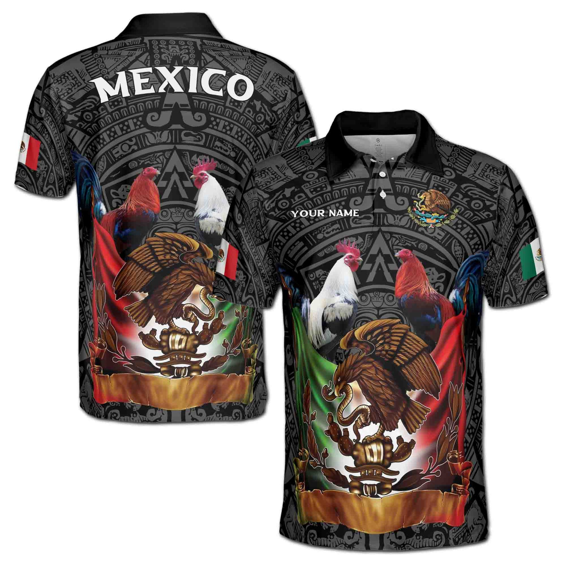 Custom Name Mexico Tattoo Tribal Mexico Coat of Arms National Pride Men's Polo Shirt S-5XL