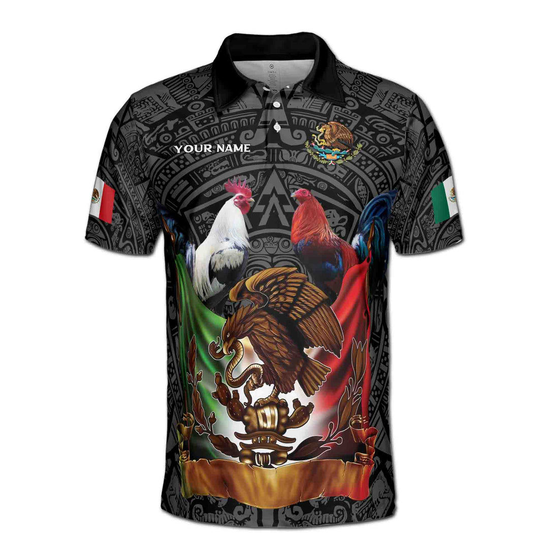 Custom Name Mexico Tattoo Tribal Mexico Coat of Arms National Pride Men's Polo Shirt S-5XL
