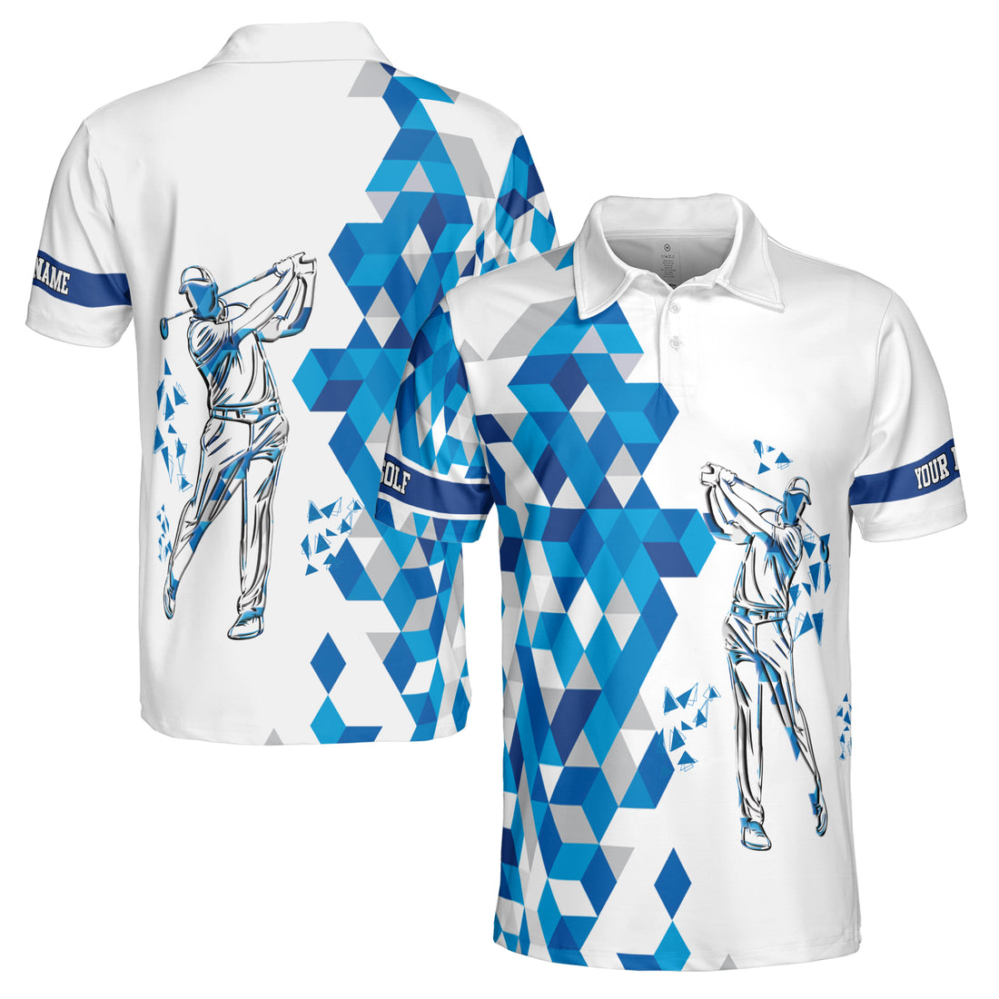 Custom Name Blue Diamond Pattern Golfer Men's Polo Shirt S-5XL