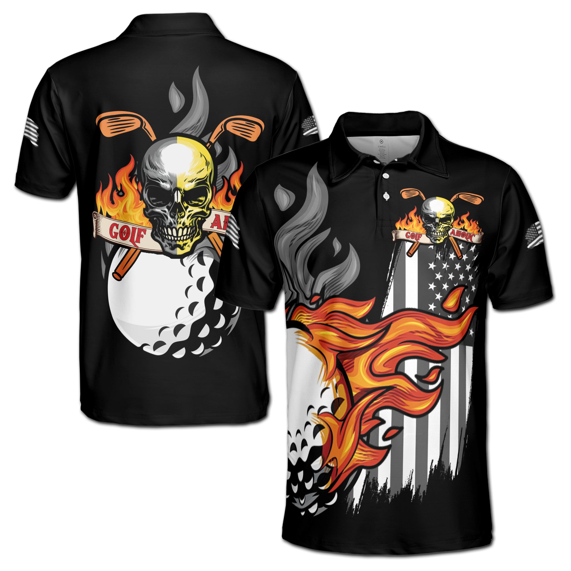 Dark Skull Golfer Golf Aholic On Fire Men's Polo Shirt S-5XL