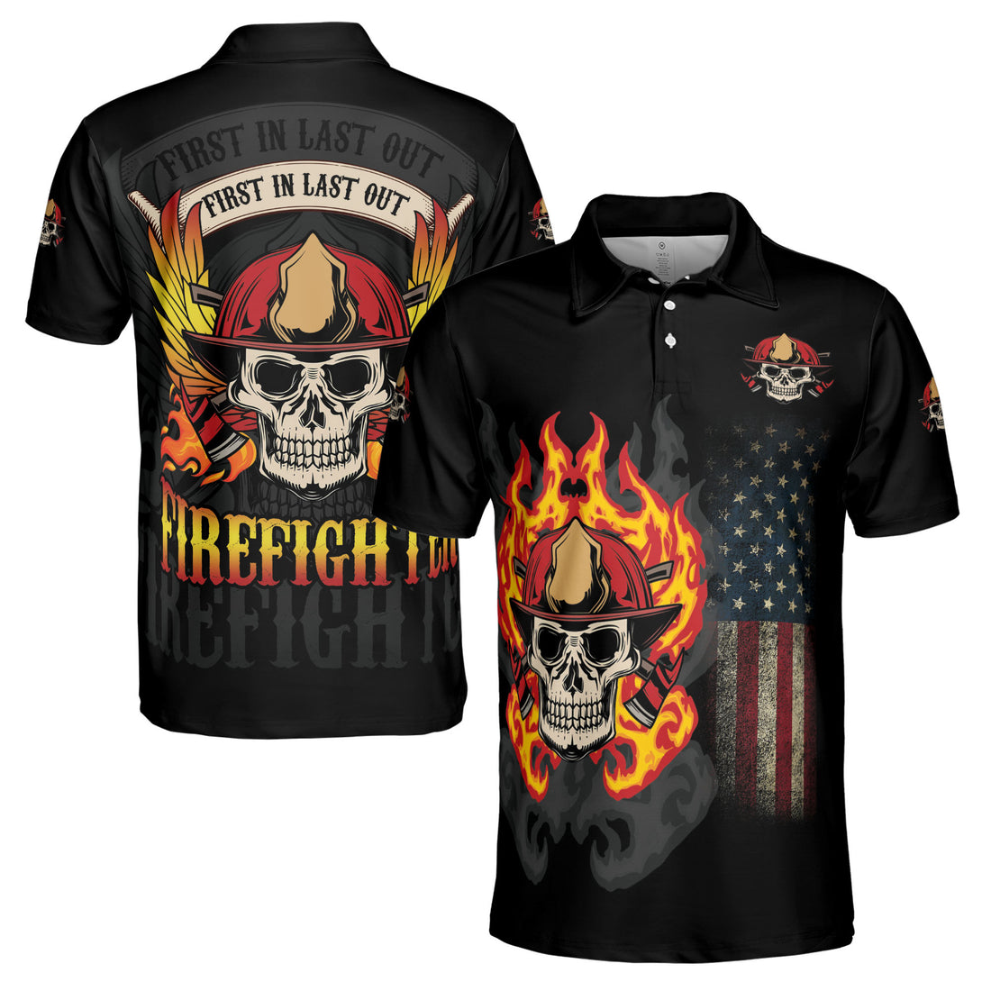Skull Firefighter First In Last Out Grunge Men's Polo Shirt S-5XL