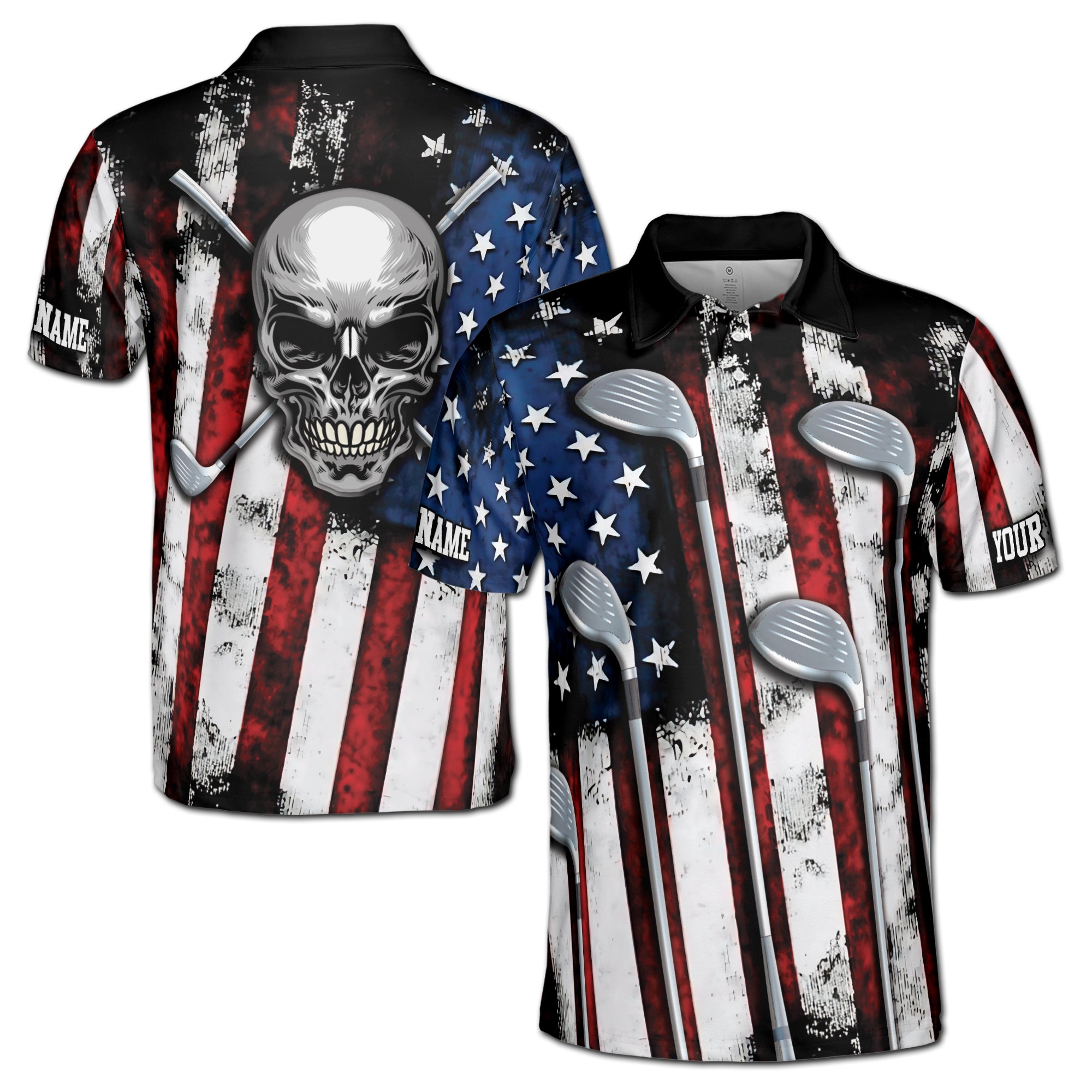 Custom Name Patriotic Skull Golfer America Flag Grunge Men's Polo Shirt S-5XL