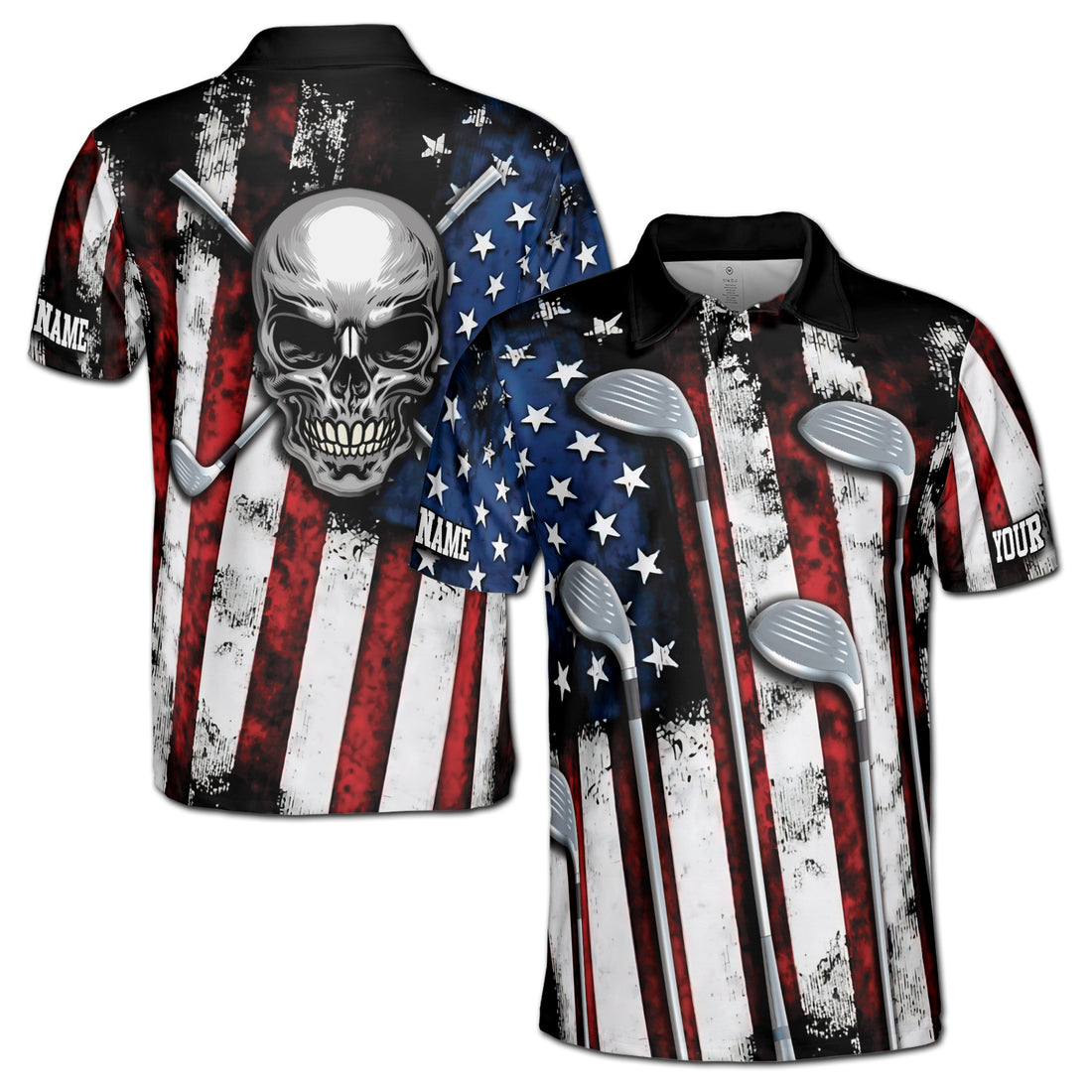 Custom Name Patriotic Skull Golfer America Flag Grunge Men's Polo Shirt S-5XL