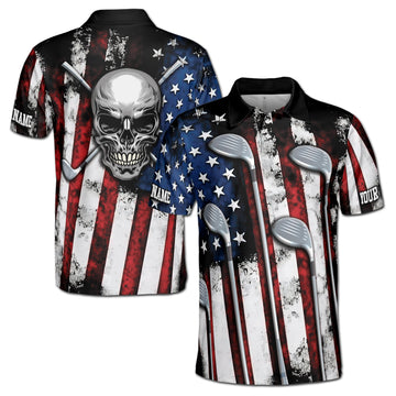 Custom Name Patriotic Skull Golfer America Flag Grunge Men's Polo Shirt S-5XL