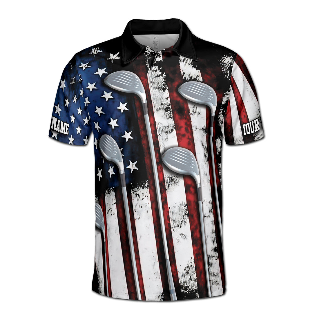 Custom Name Patriotic Skull Golfer America Flag Grunge Men's Polo Shirt S-5XL