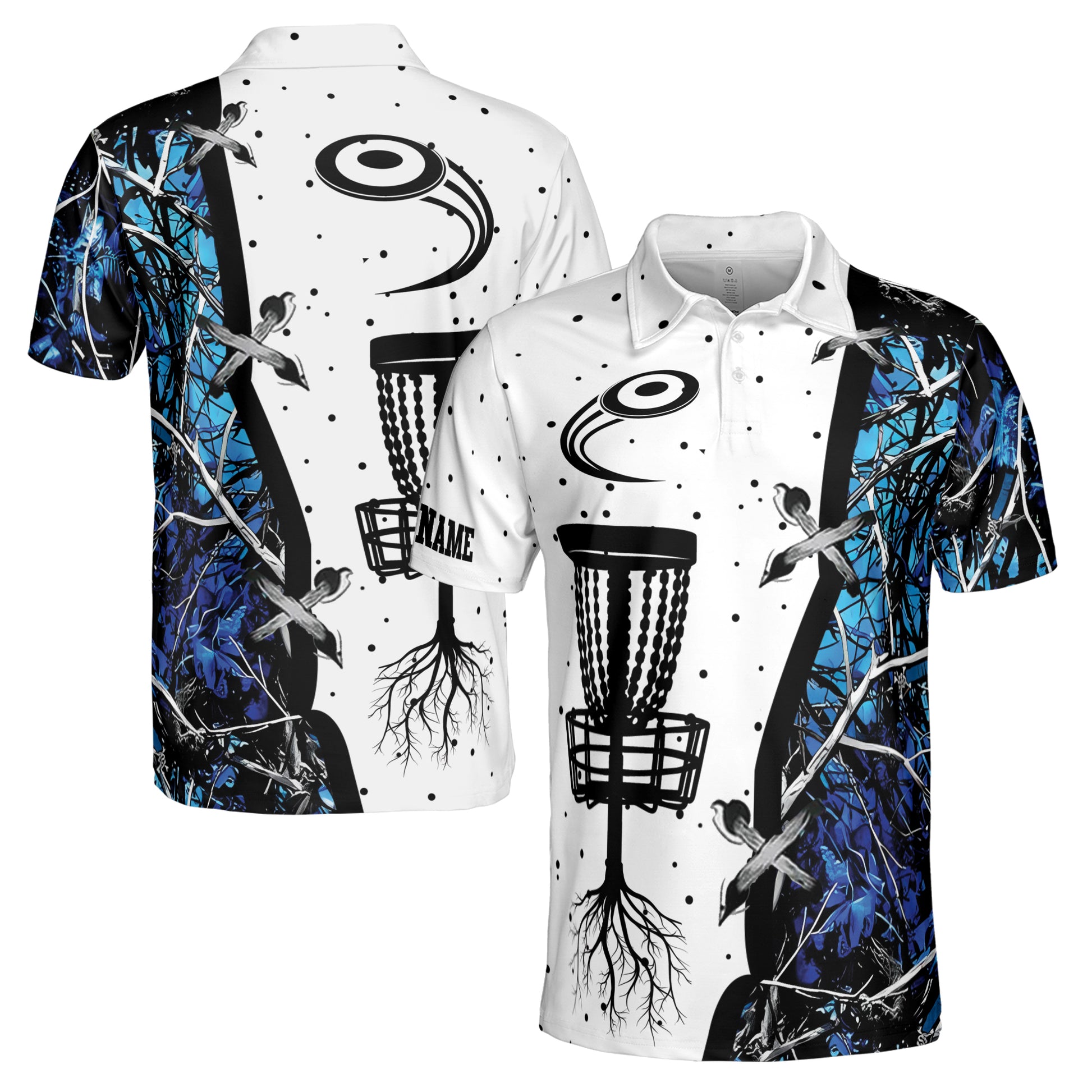 Custom Name Blue Jungle Disc Golf Pattern Men's Polo Shirt S-5XL