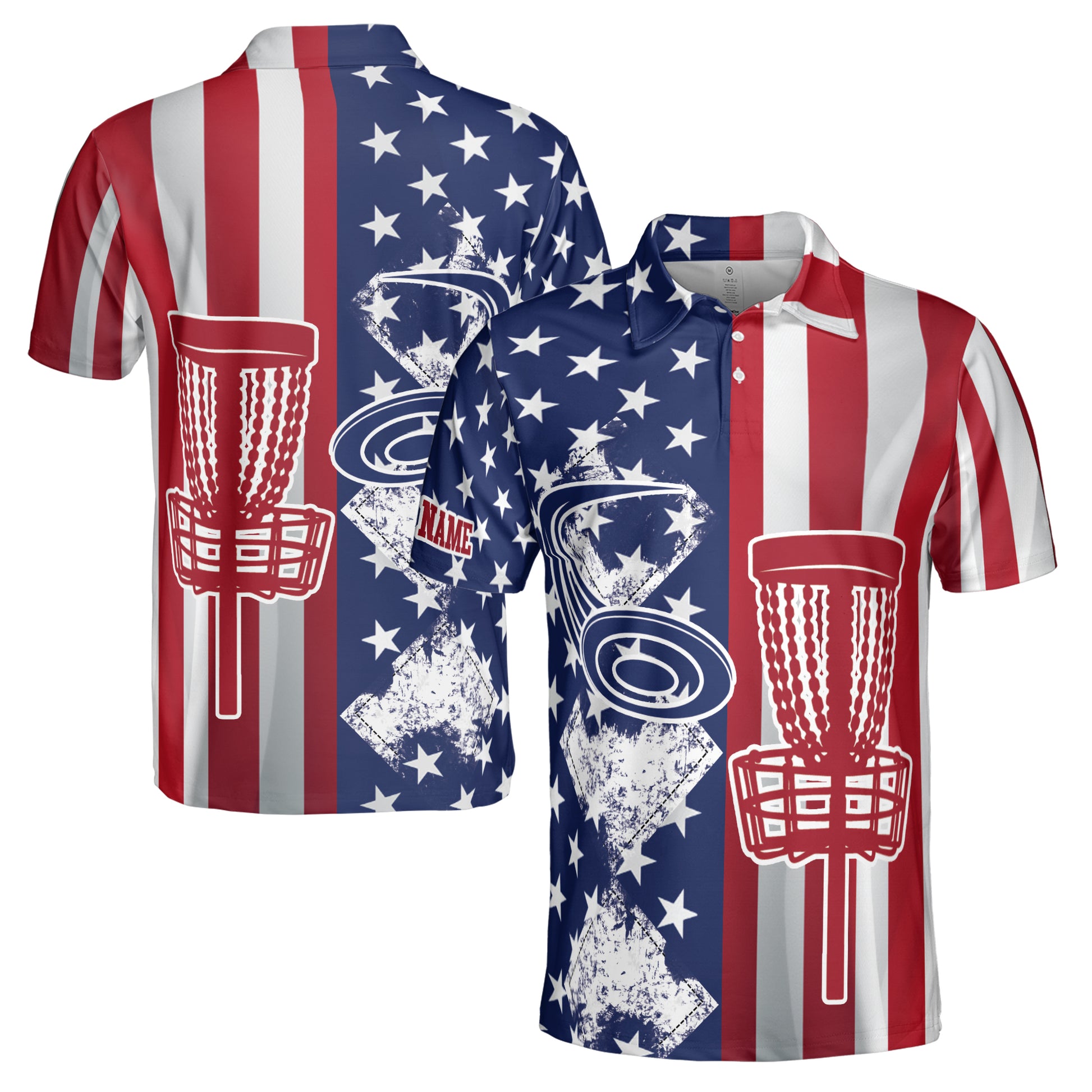Custom Name America Flag Pattern Play Disc Golf Men's Polo Shirt S-5XL