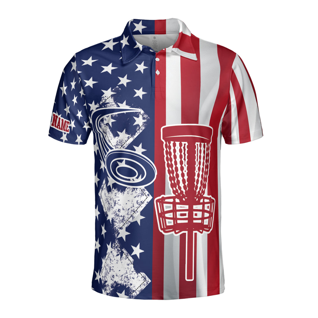 Custom Name America Flag Pattern Play Disc Golf Men's Polo Shirt S-5XL