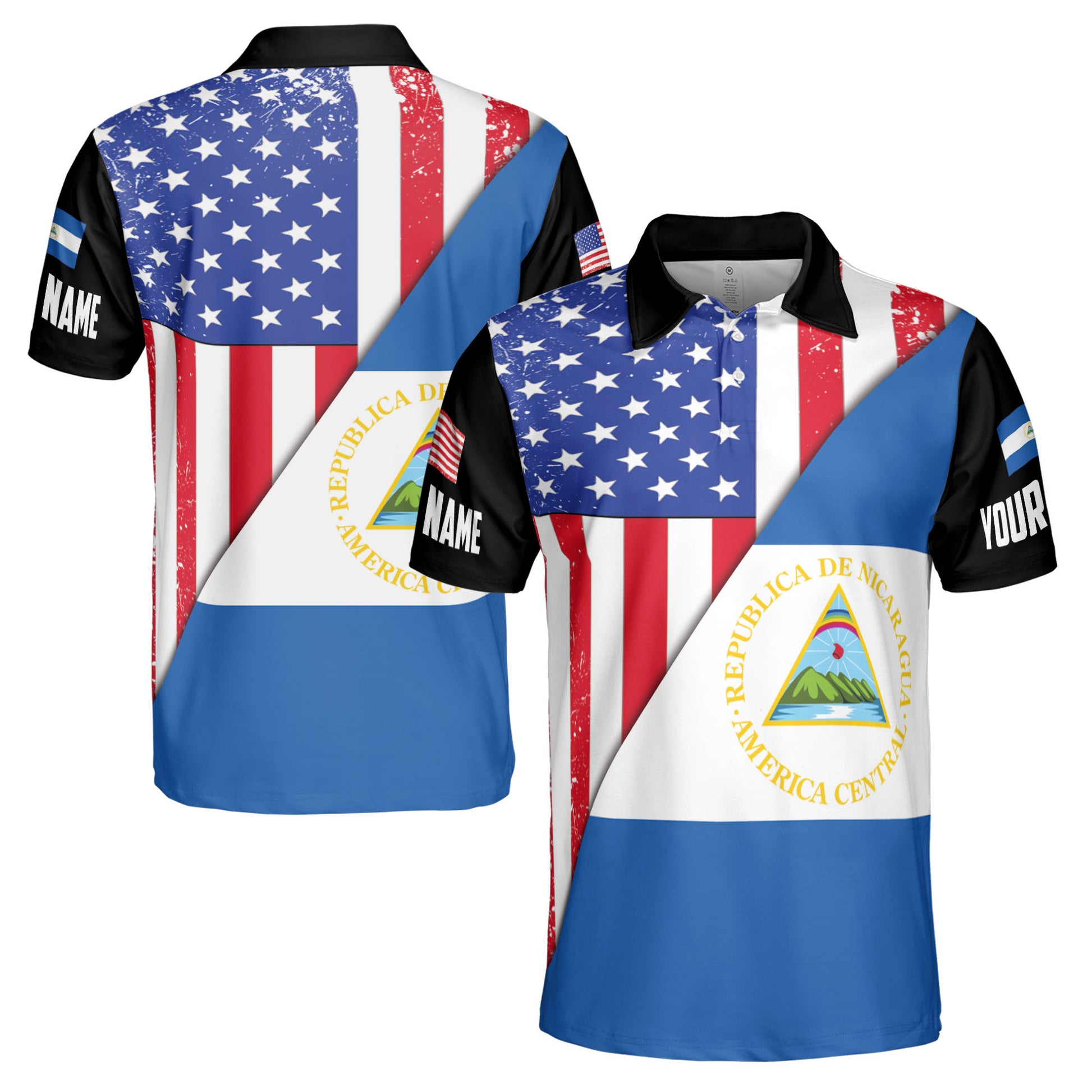 Custom Name Patriotic America With Nicaragua Flag National Pride Men's Polo Shirt S-5XL