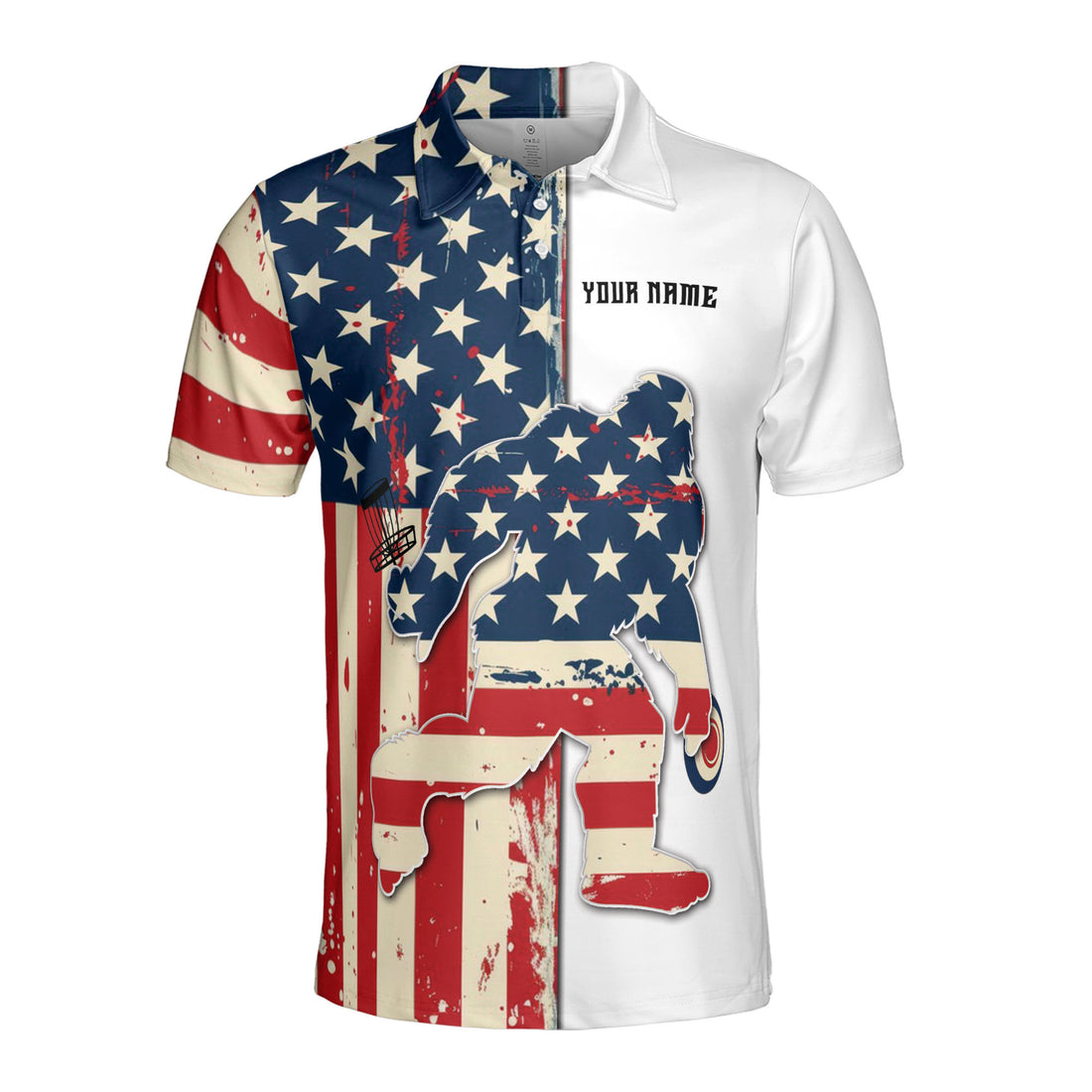 Custom Name America Bigfoot Play Disc Golf Vintage Men's Polo Shirt S-5XL
