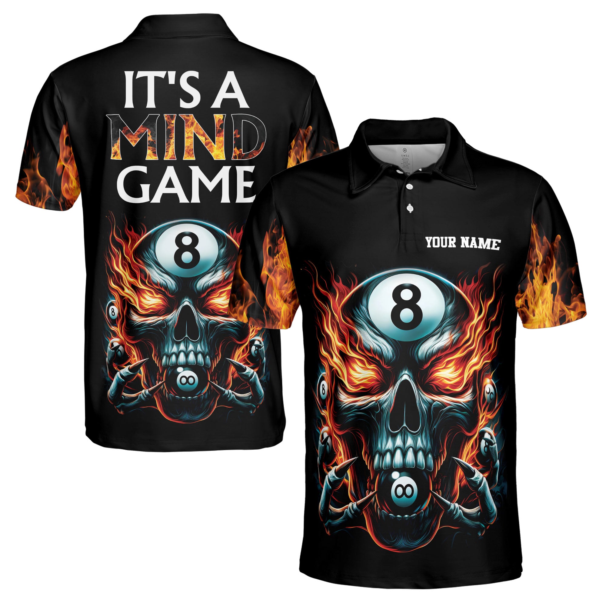 Custom Name It's A Mind Game Skull 8-Balls Billiard Men's Polo S-5XL