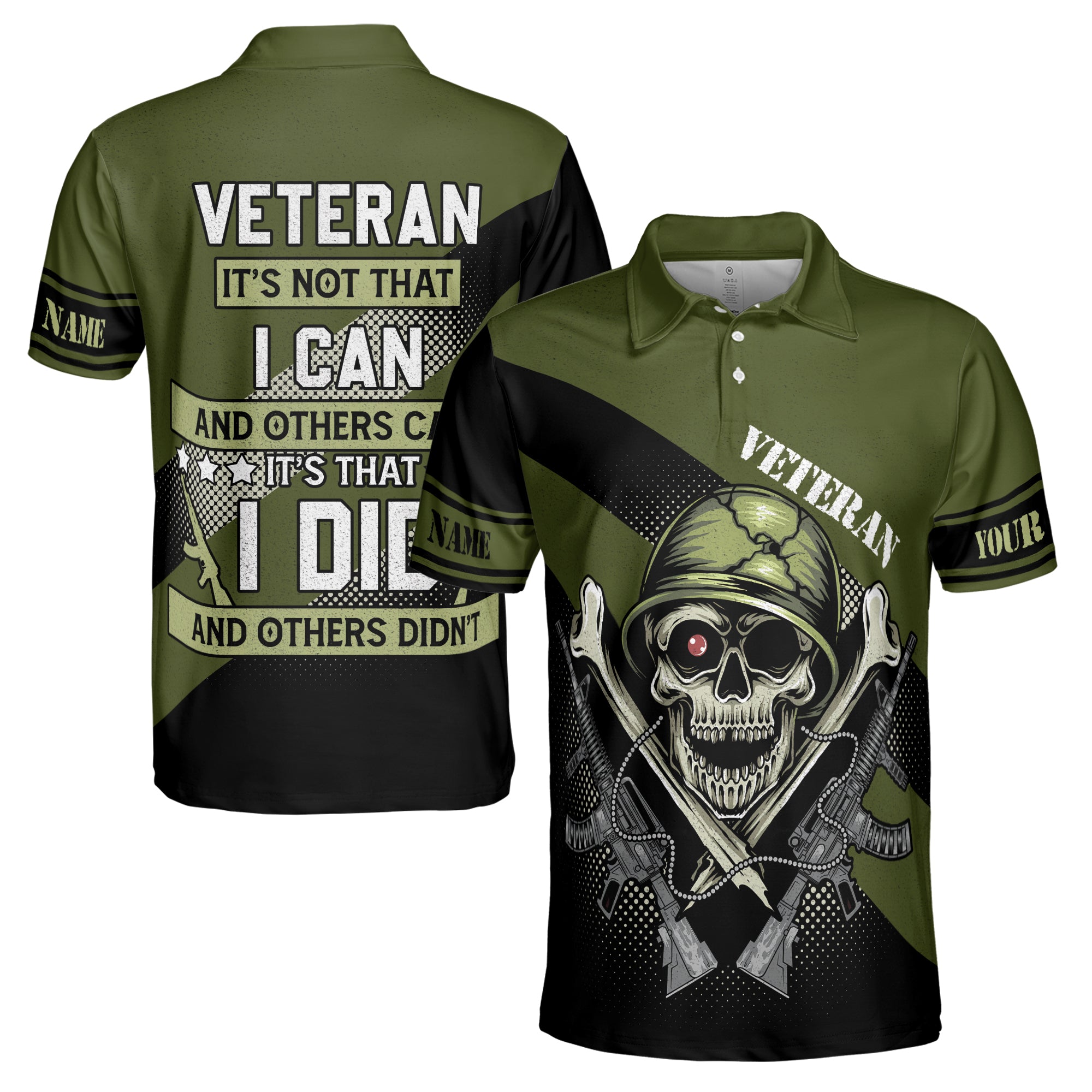 Custom Name Funny Veteran Skull Soldier Military Green Men's Polo Shirt S-5XL