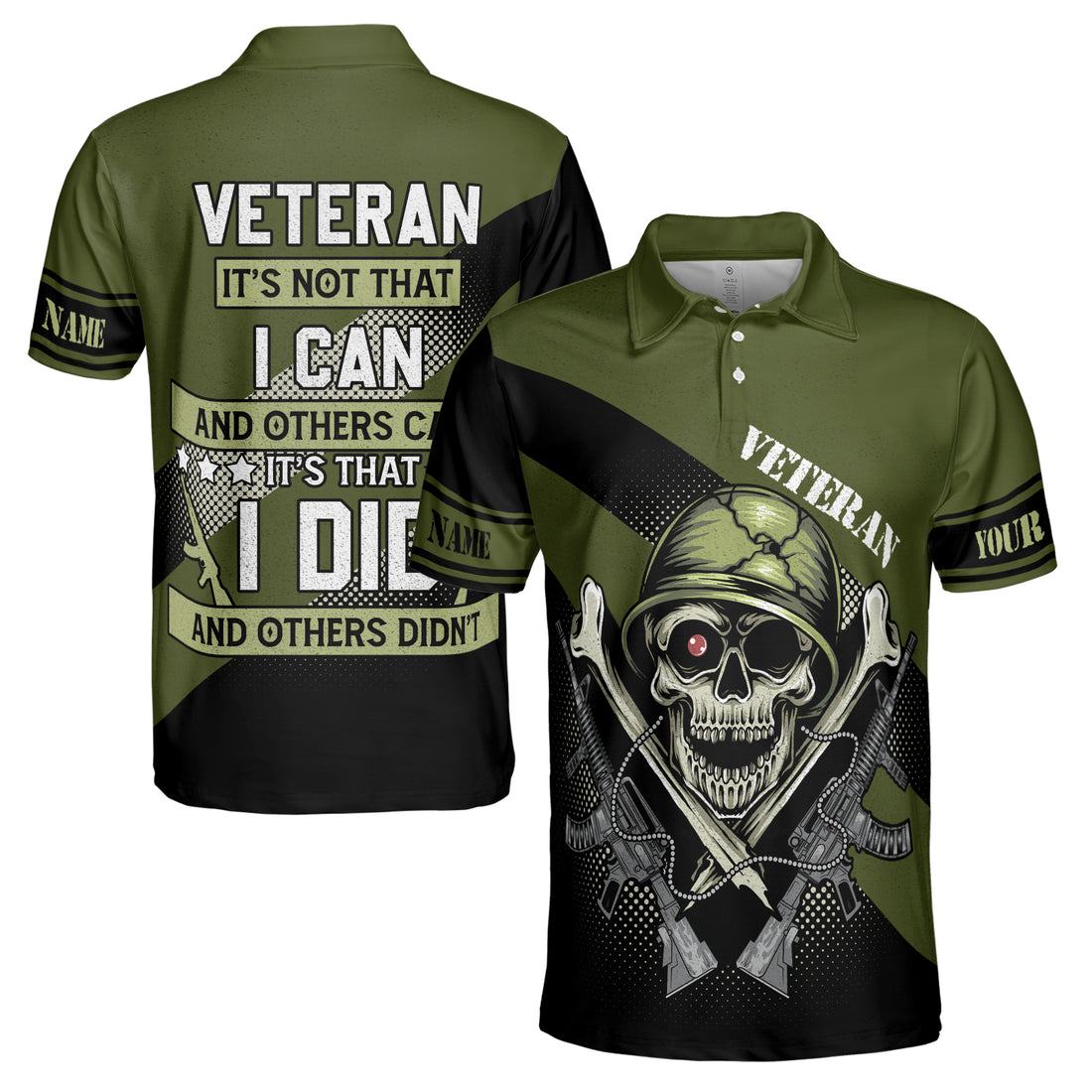 Custom Name Funny Veteran Skull Soldier Military Green Men's Polo Shirt S-5XL