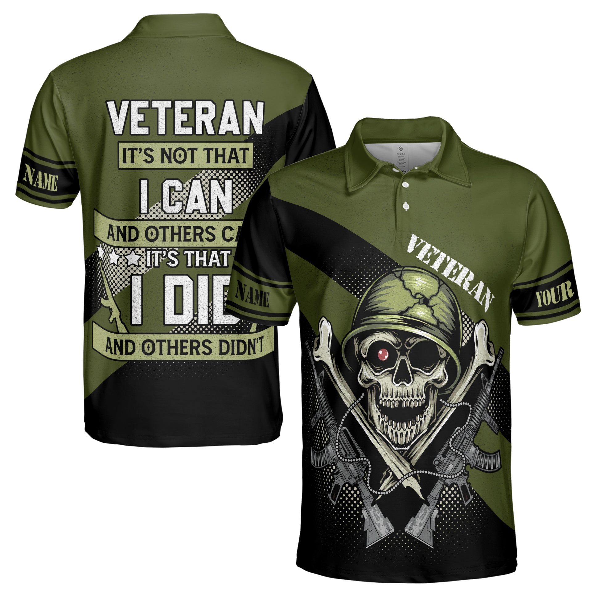 Custom Name Funny Veteran Skull Soldier Military Green Men's Polo Shirt S-5XL