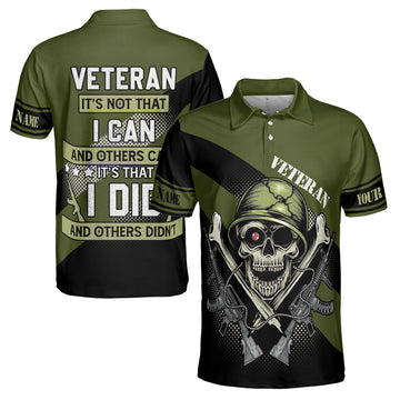 Custom Name Funny Veteran Skull Soldier Military Green Men's Polo Shirt S-5XL