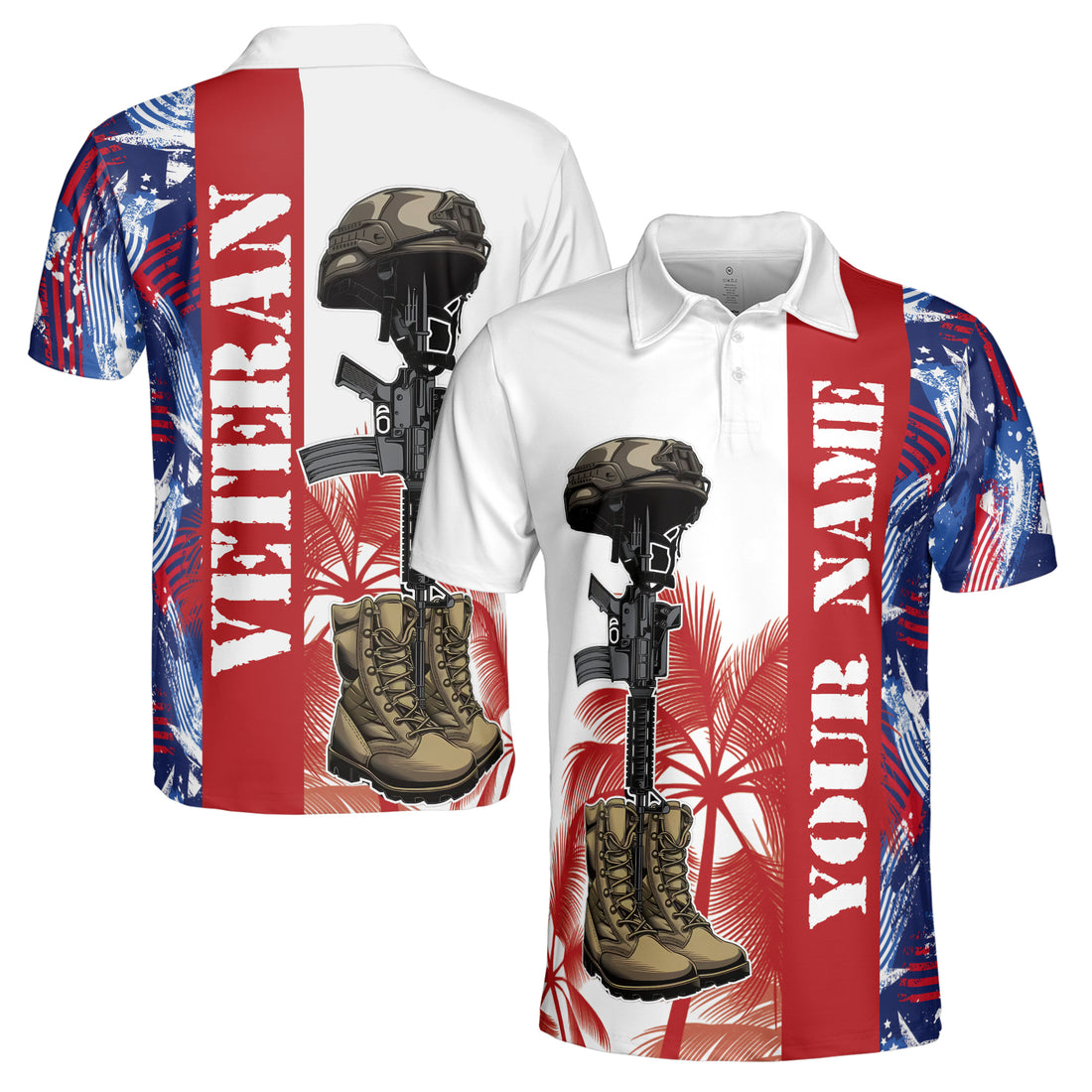Custom Name Veteran American Flag Summer Pattern Men's Polo Shirt S-5XL