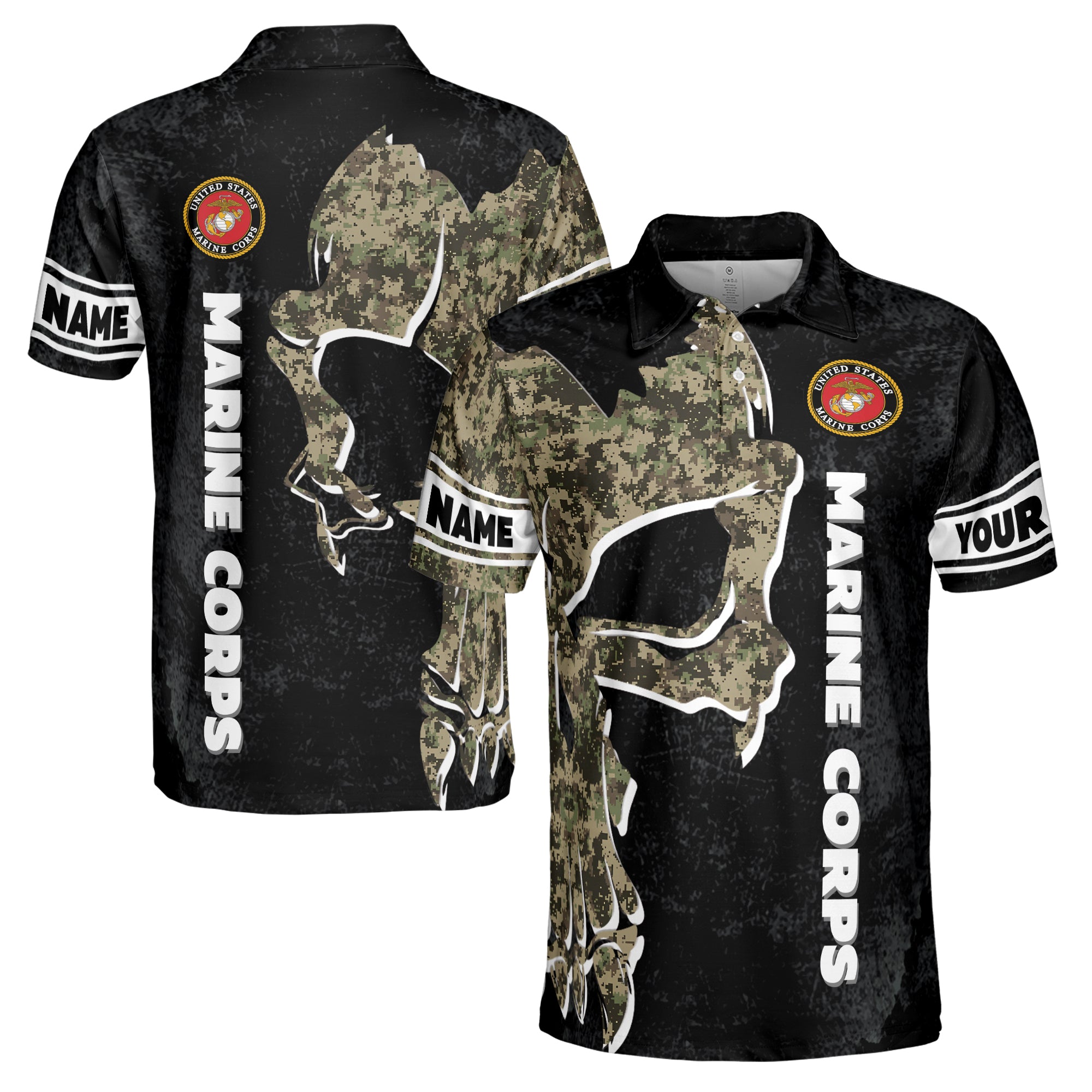Custom Name Camo Skull Marine Corps Veteran Soldier Men's Polo Shirt S-5XL