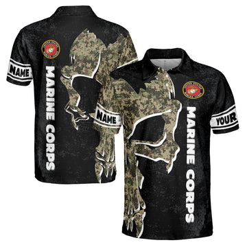 Custom Name Camo Skull Marine Corps Veteran Soldier Men's Polo Shirt S-5XL