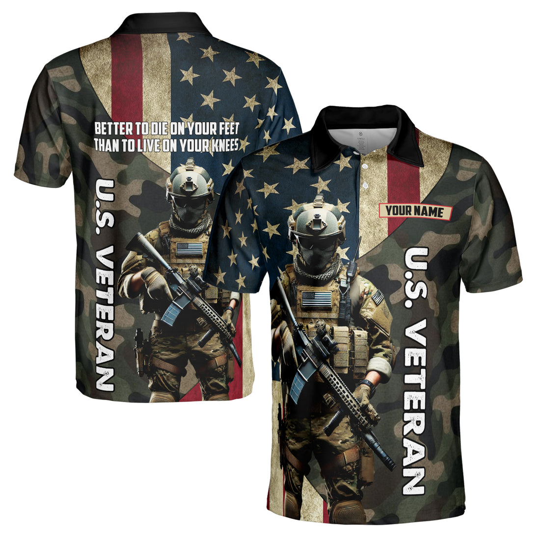 Custom Name U.S Veteran America Flag Camo Pattern Men's Polo Shirt S-5XL