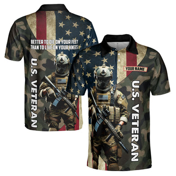 Custom Name U.S Veteran America Flag Camo Pattern Men's Polo Shirt S-5XL