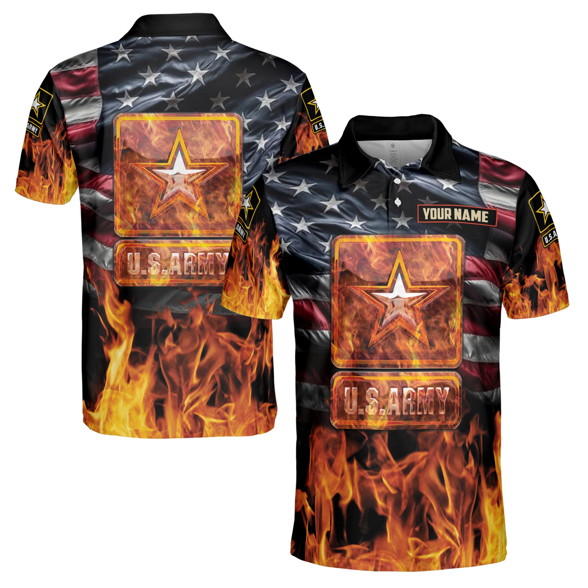 Custom Name Veteran US Army America Flag on Fire Men's Polo Shirt S-5XL