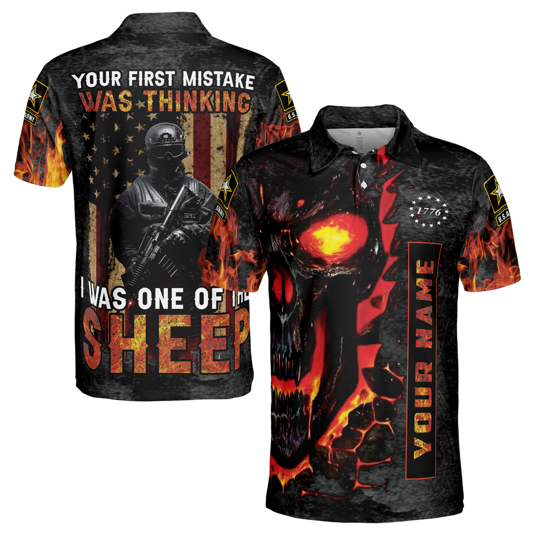 Custom Name Veteran Retro America Flag Fire Skull Soldier Men's Polo Shirt S-5XL