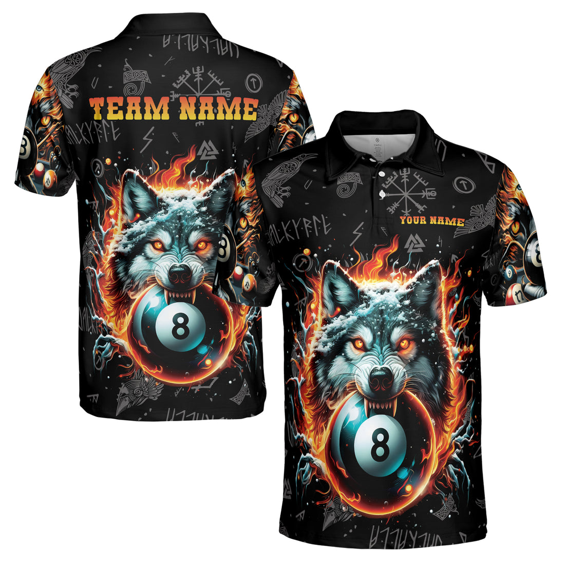 Custom Name Team Billiards Viking Wolf Pattern Men's Polo Shirt S-5XL