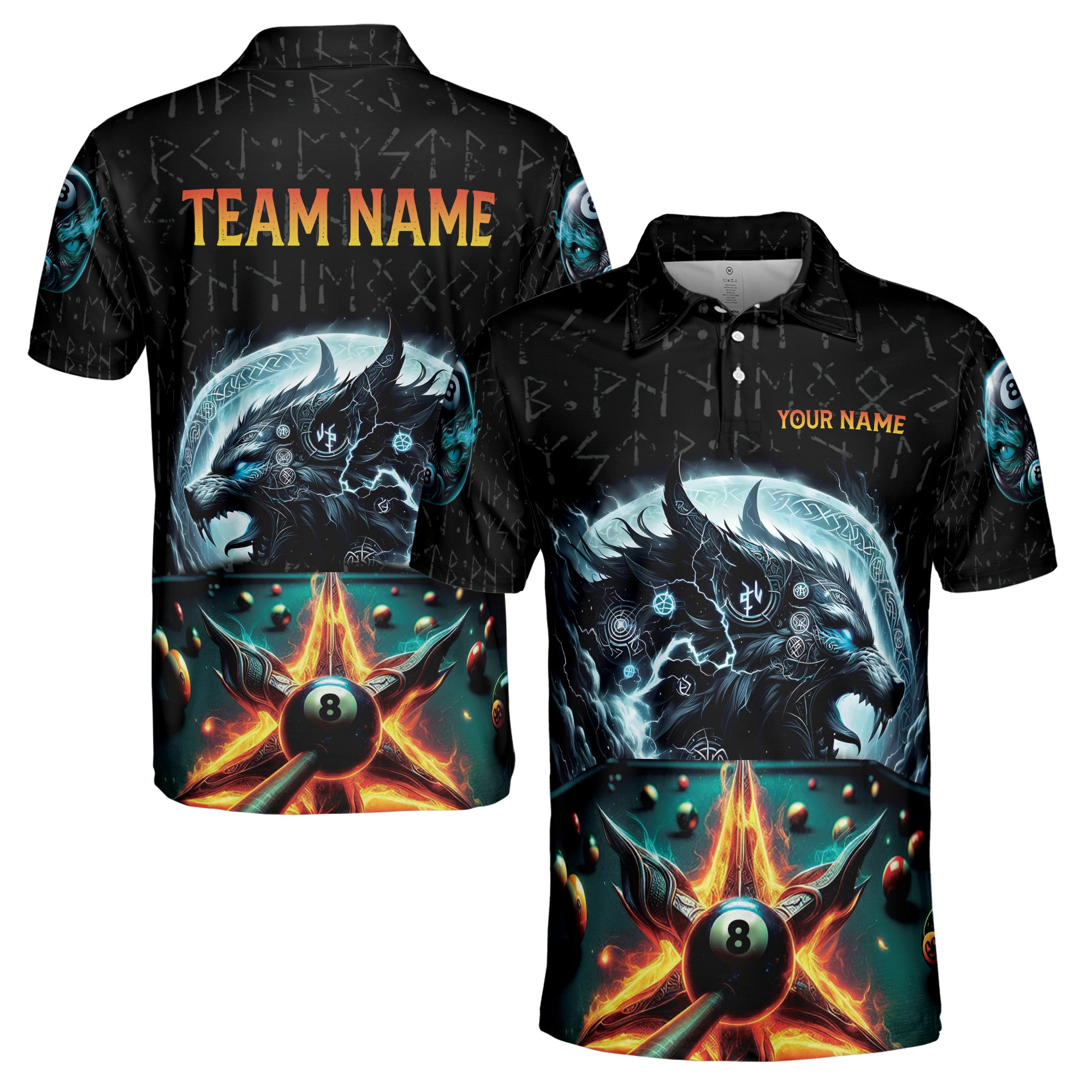 Custom Name Team Billiards Wolf Viking Pattern Men's Polo Shirt S-5XL